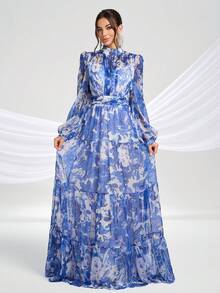 Tie Dye Chiffon Long Sleeve Women Dress Wedding Anniversary Music Festival Family Cocktail Party Vacation, Formal, Gown, For Evening, Wedding Guest Spring - 彩色 - 查看 4