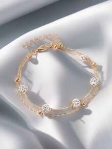 1pc Unique Double-Layer Anklet, Shamballa Crystal Ball Charm Ankle Chain, Minimalist Multi-Layer Metal Alloy Beach Foot Jewelry For Women - Gold - View 2