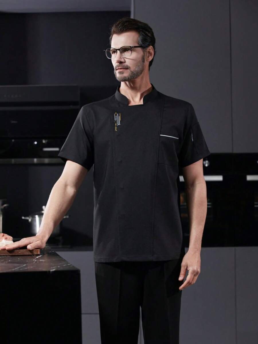 New Men's Short Sleeve Button Embroidery Decor Breathable Chef Coat With Small Stand Collar - Black - View 1