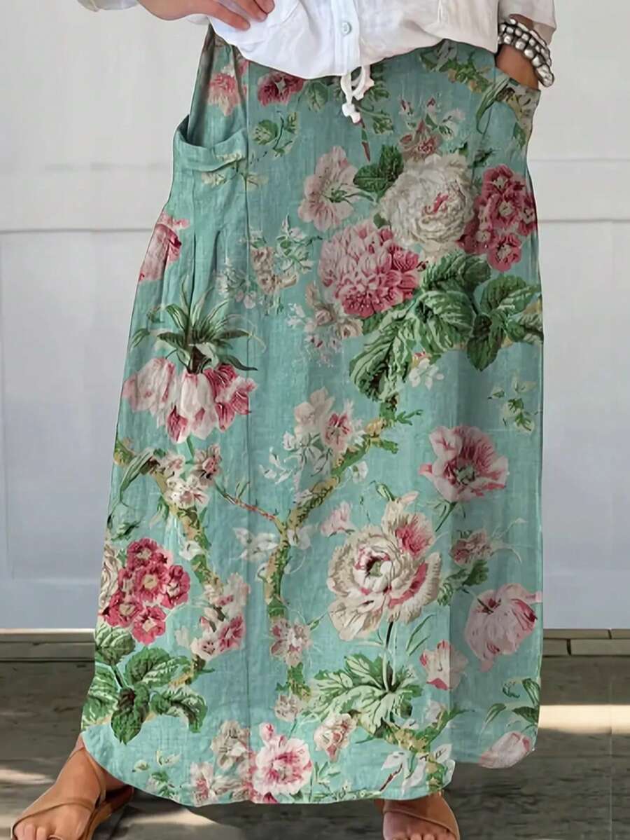 Women's Casual Retro Floral Print Mid-Length Skirt - Multicolor - View 1