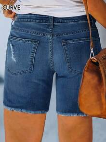 Summer Casual Streetwear High-Stretch Skinny Plus-Size Women's Denim Shorts With Ripped Details, Frayed Edges, And Pockets - 深色水洗藍 - 查看 2