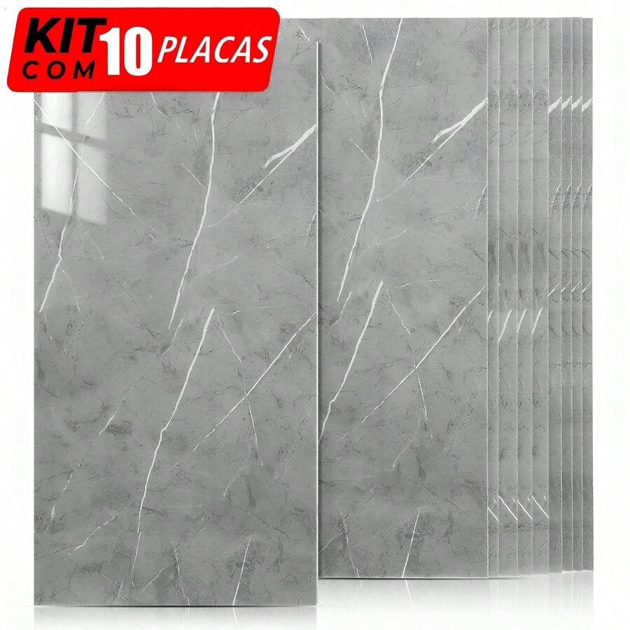 Kit 10 3D Wall Panels Self-Adhesive Marble Coating Washable Vinyl - Grey - View 1