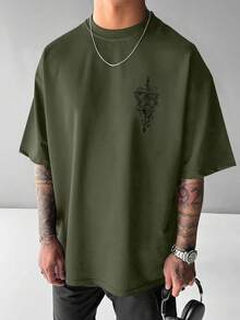 Camiseta de manga corta y cuello redondo con estampado de mapa náutico para hombres de talla grande, para verano - Verde militar - Ver 4