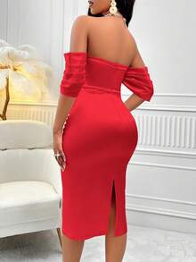 AIJ Amarilo 优雅纯色露肩褶饰修身连衣裙