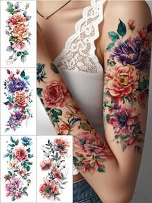 Set da 4 tatuaggi floreali temporanei di grandi dimensioni - Rosa nera, disegni floreali multicolori, tatuaggi floreali vintage tradizionali, impermeabili, a lunga durata, adatti per le donne, possono essere applicati su vita, braccio, gamba, schiena, spalla, per coprire cicatrici