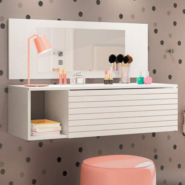 Penteadeira Mesa de Maquiagem Joy Suspensa 01 Gaveta com Espelho Branco - Desk Design