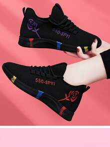 Casual impreso patrón de malla transpirable suave suela ligera Zapatillas de deporte para mujer, la moda de punta redonda pareja sandalias planas, adecuado para el uso diario, viajes, deportes - negro morado - Ver 2
