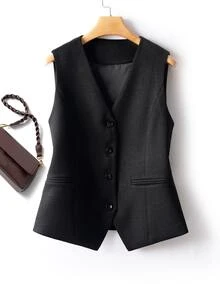 Women Plain Sleeveless Vest, V-Neck Jacket, Spring/Autumn, Fashionable Commuting, Female Garment - Black - View 1