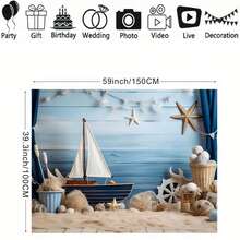 Decoração de Prancha de Madeira com Barco a Vela Azul, Cenário de Bottom para Fotografia de Tema de Aniversário Náutico, Banner de Bottom para Smash Cake