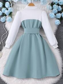 女童长袖领扣拼布拼色连衣裙 - 綠色 - 查看 2