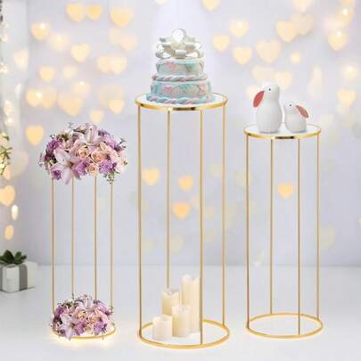 1PC/3PCS Golden Metal Cylinder Pedestal Stands With Acrylic Plates – Elegant Round Display Columns For Party Decor, Vases, And Home Accents – Perfect For Birthday, Wedding, Or Event Backdrops, Wedding Decor Platforms | Contemporary Design | Acrylic Top Plate, Decorative Objects