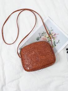 Torebka typu crossbody ze sztucznej skóry z wytłoczonym wzorem kwiatowym dla kobiet, modna, słodka torebka na telefon komórkowy, swobodna torba na ramię z zamkiem błyskawicznym