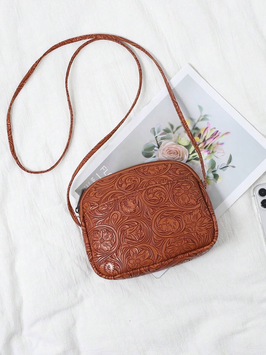 Torebka typu crossbody ze sztucznej skóry z wytłoczonym wzorem kwiatowym dla kobiet, modna, słodka torebka na telefon komórkowy, swobodna torba na ramię z zamkiem błyskawicznym