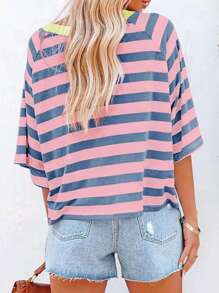 Casual Minimalist Striped Pattern Round Neck Short Sleeve Loose Women's T-Shirt, Suitable For Summer, Oversized T Shirt