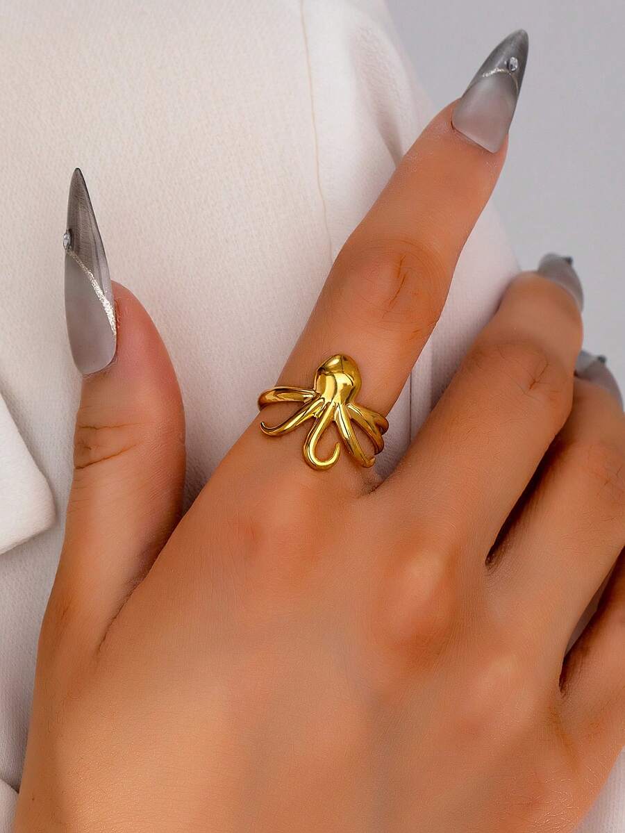 1枚不锈钢章鱼造型戒指，女士夏季度假饰品，防水