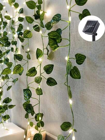 1pc 200cm-20 Bulbs/500cm-50 Bulbs/1000cm-100 Bulbs Artificial Watermelon Leaf Garland String Lights, Solar Powered Fairy Lights, Outdoor Wedding Garden Fence Wall Hanging Decor