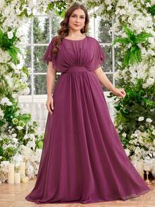 UNITHORSE Plus Size Fabric Round Neck Gored Dress Sleeve Slimming Empire Waist Back Bow-Tied Elegant Dress Long Evening Gown,Bridesmaid Dress - Red Violet - View 4