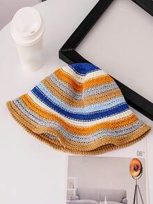 1pc Women's Summer New Knitted Rainbow Woven Bucket Hat, Fashion Versatile Breathable Sun Hat, Suitable For Outdoor Travel And Strolling - Ten Color Rainbow Straw Hat - View 6