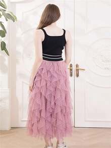 1pc Women's Polka Dot Asymmetric Ruffle Layered Tulle Skirt - Bean Paste - View 5