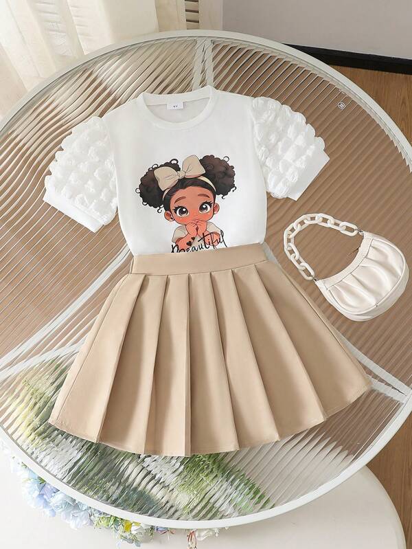 2pcs/Set Girls Casual Short Sleeve Tee And Skirt Sets, Summer