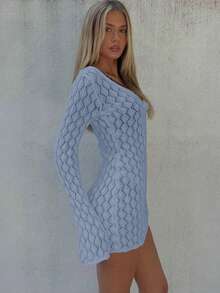 Femmes Couvre-maillot à manches longues en maille transparente avec décolleté en V, nœud papillon et boutons crochetés. Robe de plage moulante en tricot mini sexy unie, printemps/automne - Bleu azur - Voir 6