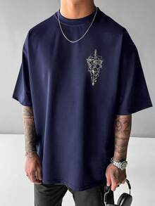 Men Plus Size Summer Nautical Map Print Round Neck T-Shirt, Emo - Navy Blue - View 2