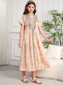 Tween Girls Malaysian/ Style Embroidered & Beaded Long Sleeve Robe - Multicolor - View 5