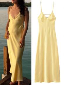 Vestido amarelo de verão para mulher, vestido longo elegante de noite em cetim, com alças finas, costas nuas, para convidada de casamento, madrinha, baile de finalistas e festa - Amarelo - Ver 3