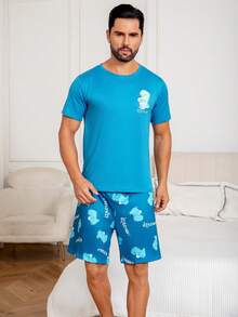 2pcs/Set Men's Blue Short Sleeve Dinosaur Print T-Shirt And Shorts Pajama Set - Blue - View 5