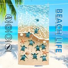 1 Oversized Striped Beach Towel With Blue Sea Turtle And Starfish Design, Bohemian Style Beach Blanket In Soft And Quick Dry Microfiber, Vibrant Striped Pattern Suitable For Travel, Yoga, Camping, Swimming - Perfect Bath Towel, Beach Towel, Camping Gear | Tropical Style | Polyester Blend Summer Travel, Vacation Holiday Bathroom Decor Beach Essentials