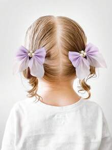 14pcs/Set Girls Rhinestone & Pearl Flower Solid Color Mesh Bow Hair Clips, Simple Princess Cute Hair Accessories, Daily Use - Multicolor - View 8