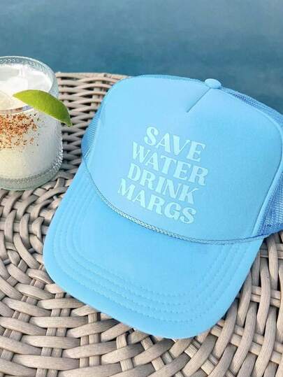 1pc Y2K Style "Save Water" Printed Sponge Mesh Baseball Cap, Adjustable Breathable Golf Sun Hat, Suitable For Women/Men, Stylish Curved Brim, Summer
