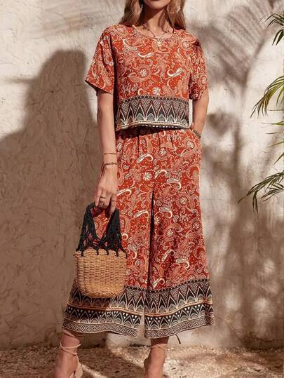 2pcs Women Short Sleeve Round Neck T-Shirt And Pants Set, Stylish Summer Outfit