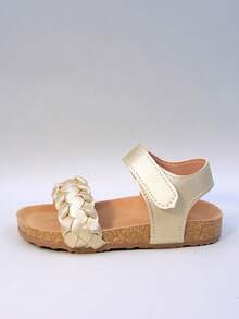 2025 Summer Fashion Girls' Roman Braided Sandals, Strap Design, Breathable, Foot Protection, Anti-Slip Lightweight Cork Sole (Sole Color Random) - Gold - View 6
