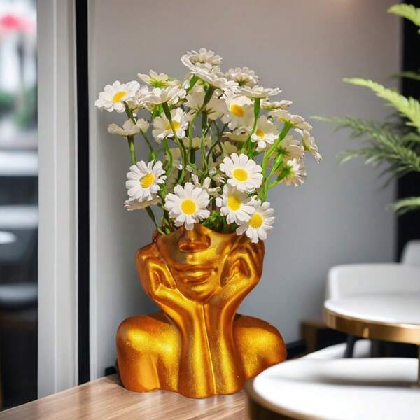 Gold Resin Face Vase, Female Head Half Chest Vase Bohemian Feminism Minimalist Decoration Modern Nordic Style Floral Vase Suitable For Home Living Room Office Bookshelf Decoration