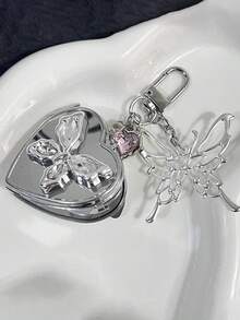 Heart-Shaped Bow Decor Mirror Keychain, Vintage Y2K Cute Versatile Bag Charm, Bag Accessory Keychain, Small Gift For Women On Birthday, Valentine's Day, Mother's Day, Couple Bag Decor, Suitable For Teenage Girls, Women, College Students, Beginners - Silver - View 7