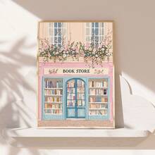 1 件，帆布裱框装饰画，易于悬挂，墙壁艺术，海报，现代，迷人的书店墙壁艺术，粉色花朵，复古风格，花卉书店装饰，文学墙，小屋中心装饰墙壁艺术 - 彩色 - 查看 1