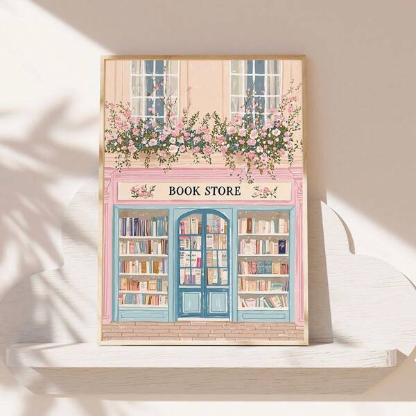 1pc, Canvas Framed Decorative Painting, Easy To Hang, Wall Arts, Posters, Modern, Charming Bookstore Wall Art, Pink Flowers, Vintage Style, Floral Bookstore Decor, Literature Wall, Cottage Centerpiece Wall Art