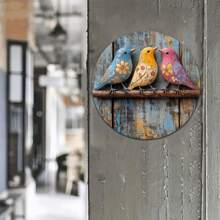 Charming Vintage Style 8"X8" Colorful Bird Wreath Metal Wall Plaque - Round Metal Decor With Rustic Finish, Blue, Yellow And Pink Birds On Branches, Suitable For Home, Homestay, Cafe, B&B Decoration | Vintage Wall Plaque | Vibrant Colors, Hole Style Random