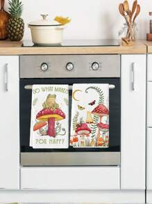 2 Pcs Bohemian Frog And Mushroom Kitchen Towels Super Soft Microfiber Hand Towels Cartoon Botanical Design Knitted Microfiber Farmhouse Tea Towels Bathroom And Home Decor