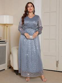 DEARCASE Plus Size Elegant Shiny Twist Pattern Long Sleeve Dress - Dark Blue - View 4