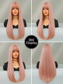 7JHH WIGS 28 Inch Long Straight Wigs For Women, Elegant Orange Pink Wig With Bangs Mixed Blonde Highlight Hair,Natural Looking Fluffy Very Soft Synthetic Heat Resistant Fiber Full Machine Hair Wig For Party Wear, Music Festival Celebrations & Cosplay Anime Use - 藕粉色 - 查看 5