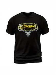 Mathews Archery Men's Black T-Shirt - Made In USA, Deer Skull & Antlers Design, Cotton, Athletic Fit, Round Neck, Non-Transparent, Hand Washable