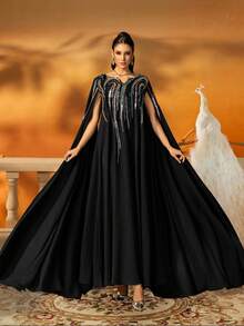 女士黑色斗篷风格宽松刺绣长袍，带亮片细节的优雅迪拜长袍，朴素的长袍，穆斯林晚礼服，长袖长袍，派对长袍，迪拜时尚 - 黑色 - 查看 6