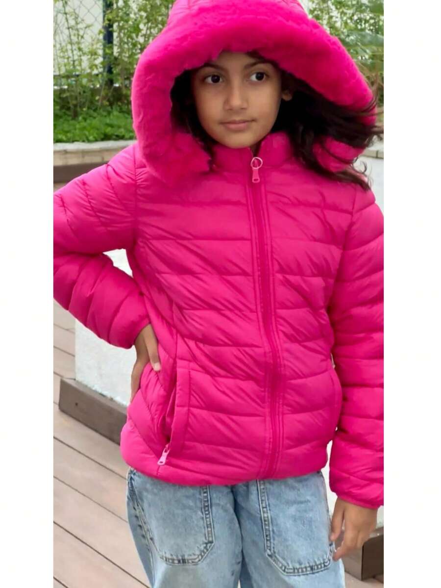 Women's Children's Jacket Lined With Plush Feminine Puffer Blouse - Rosa Fucsia - Ver 1