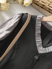 Grey 2 In 1 Dress, New Spring 2025 Collection, Long Sleeve Spliced Waist V-Neck Style, Work Appropriate - Dark Grey - View 4