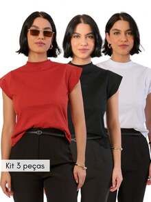 Kit 3 T Shirt Muscle Tee Blouse Turtleneck Women Short Sleeve Basic Plain Black White Nude T-Shirt - 珊瑚粉 - 查看 1