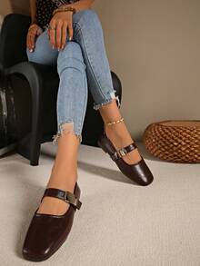 2025 New Solid Color Buckle Casual Flats, Lightweight, Breathable, Minimalist, Women Shoes - Brown - View 5