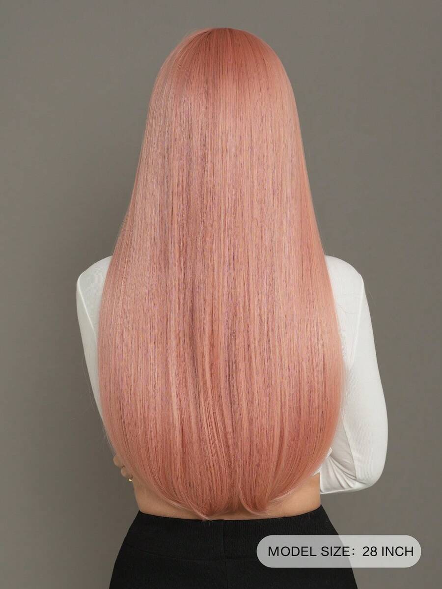 7JHH WIGS 28 Inch Long Straight Wigs For Women, Elegant Orange Pink Wig With Bangs Mixed Blonde Highlight Hair,Natural Looking Fluffy Very Soft Synthetic Heat Resistant Fiber Full Machine Hair Wig For Party Wear, Music Festival Celebrations & Cosplay Anime Use - 藕粉色 - 查看 1