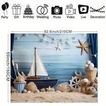 Decoração de Prancha de Madeira com Barco a Vela Azul, Cenário de Bottom para Fotografia de Tema de Aniversário Náutico, Banner de Bottom para Smash Cake